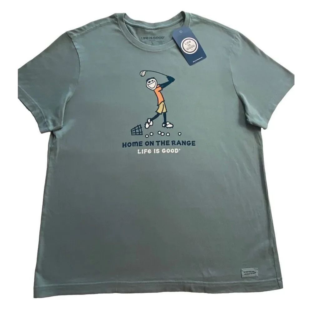 LIFE IS GOOD MEN’S LARGE “HOME ON THE RANGE” Print Logo Solid T-Shirt
